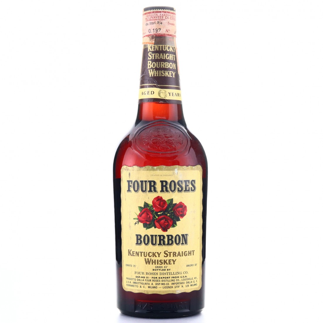 00_fc91e1f3-3f33-4ab4-8a1d-f0c0cfb00fdd 1960 Four Roses 6 Year Old Kentucky Straight Bourbon Ferraretto Import 750ml - Image 1
