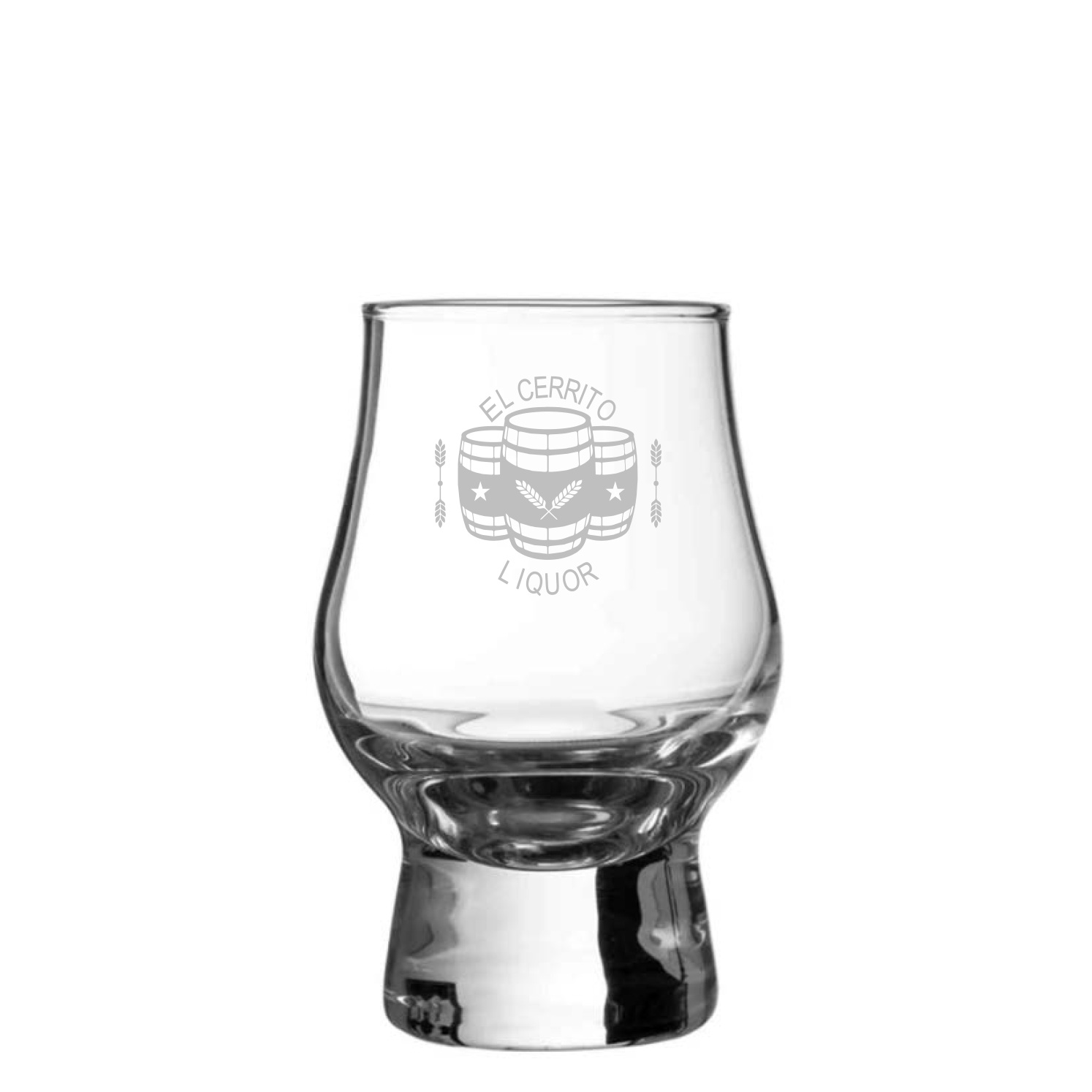 B25B9E74-D828-4AC6-AC8A-B01C20CB2097 Perfect Dram Glass (engraved El Cerrito Liquor Logo) - Image 1