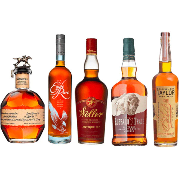 Blanton_s_Original_Eagle_Rare_10_Year_Weller_Antique_107_Buffalo_Trace_and_E.H._Taylor_Small_Batch_Bourbon_Whiskey_Bundle_750ml_5-Pack Blanton's Original, Eagle Rare 10 Year, Weller Antique 107, Buffalo Trace, and E.H. Taylor Small Batch Bourbon Whiskey Bundle 750ml 5-Pack - Image 1